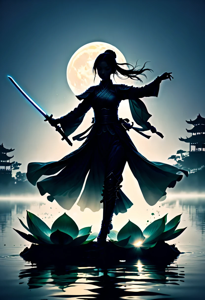(Heroine dancing sword silhouette:1.5),Glowing sword,(Fighting posture,强That's it姿势:1.4),on the lake,high contrast, movie lighting, Enigmatic Atmosphere,,lotus flower,Lotus leaf,corrugation,water splash,a moon,That's it,swordsman,Kungfu