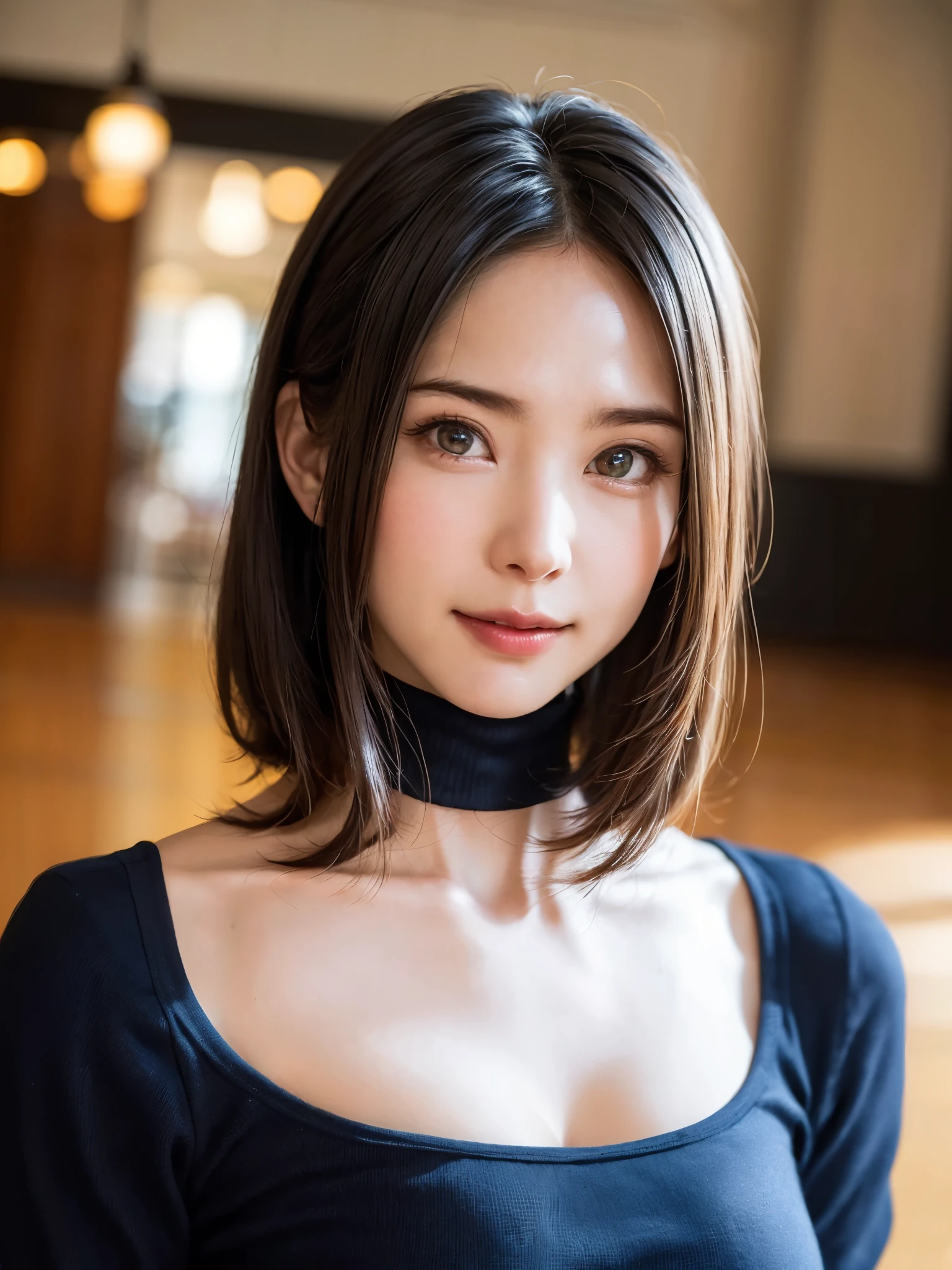 (muste piece, highest quality、High definition:1.4、very attractive beauty、Add intense highlights to your eyes、Please look closely at the camera:1.4、A beautiful woman full of charm、ideal body proportions、perfect anatomy、brunette short bob hair、shiny hair、bangs:1.4、光沢のあるbangs:1.4、lip gloss),1 girl, Report, light brown shiny hair, Scarf,realistic, looking at the viewer、tilt your head a little, bright colored crystal light blue eyes, shiny short hair、 White turtleneck costume with a hole in the center of the chest,Sexy white turtleneck knit sweater with a round hole in the middle of the chest、 lips, lip gloss, Upper body、Big eyes、eyelash、face is a little red、embarrassing)、((italian road in winter))、((short hair with Big eyess、Give students very strong highlights、{huge|big|hugeな|mega} Generally poor breasts:1.6、very bigger Generally poor breasts、look at the viewer、very beautiful beauty、Please show your ears、long neck、smile、smile、Feel happy、beautiful teeth、口を開いてsmile、heart-shaped pupil))、28 years old、very cute super model、
