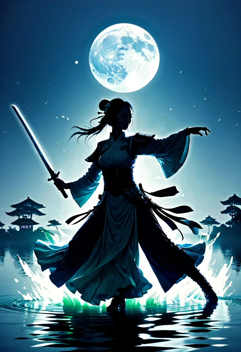 (Heroine dancing sword silhouette:1.5),Glowing sword,(Fighting posture,强That's it姿势:1.4),on the lake,high contrast, movie lighting, Enigmatic Atmosphere,,lotus flower,Lotus leaf,corrugation,water splash,a moon,That's it,swordsman,Kungfu