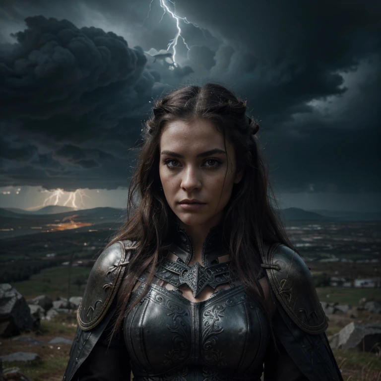 (best quality,4k,8k,highres,masterpiece:1.2),ultra-detailed,(realistic,photorealistic,photo-realistic:1.37),evil,viking girl,dark,beautiful detailed eyes,beautiful detailed lips,extremely detailed eyes and face,long eyelashes,exotic appearance,menacing gaze,tattoos covering the arms,girl wearing a fur cloak and a battle helmet,ornate armor with intricate engravings,holding a sword with runes,standing on a mountain peak with lightning striking in the background,dark stormy clouds,harsh winds whipping her hair around,aura of power and darkness,ominous atmosphere,ageless beauty,sinister aura,portraits,oil painting,high contrast,cool-toned color palette,moody lighting