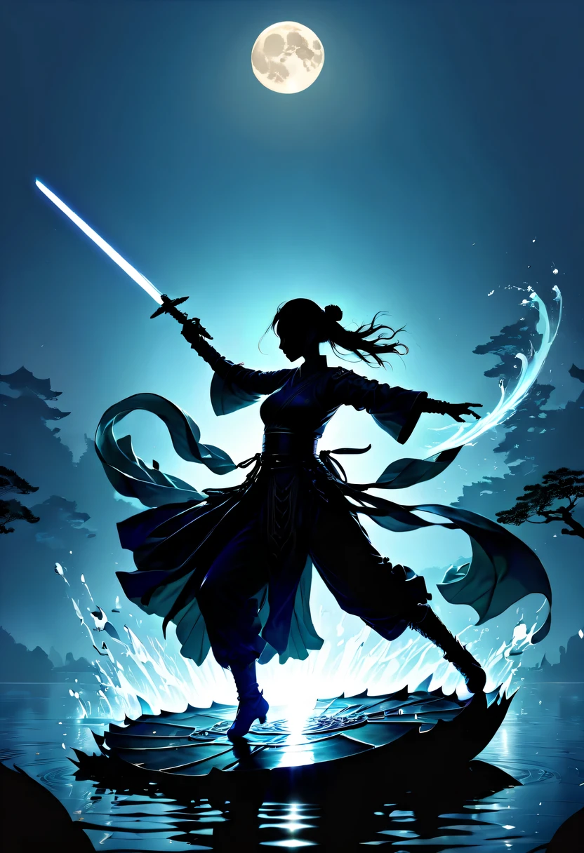 (Heroine dancing sword silhouette:1.5),Glowing sword,(Fighting posture，强That&#39;s it姿势:1.4),on  the lake，high contrast, movie lighting, Enigmatic Atmosphere,，lotus flower，Lotus leaf，corrugation，water splash，a moon，That&#39;s it，swordsman，Kungfu