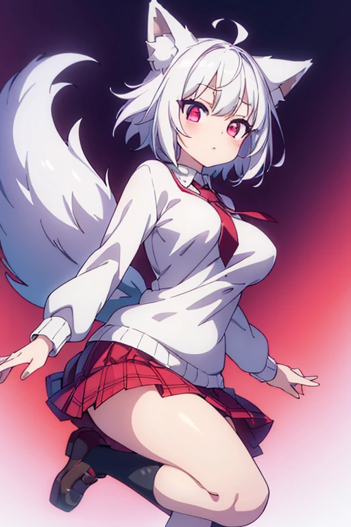 (masterpiece), best quality, expressive eyes, perfect face, my foxy girlfriend - fuku, medium breasts, white fox ears, one white fox tail, round face, white hair, white skin, medium size, teenager, light pink sweater, white thighs high,red tie hidden by sweater, red pink eyes, short back hair, 2 long strands falling on breasts, very short red plaid skirt, thick thigh, black japanese school shoes