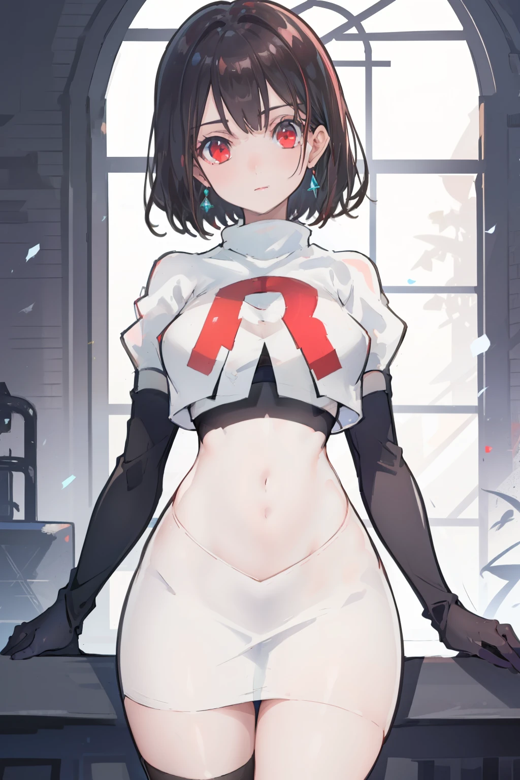 (extremely detailed CG), (best quality), perfect face, shiny skin, lustrous skin,wide hips, 1girl,solo , RaeTaylor,jewelry, red eyes, short hair, brown hair, looking at viewer,team rocket,team rocket uniform,white skirt,red letter R,crop top,black thigh-highs,black elbow gloves