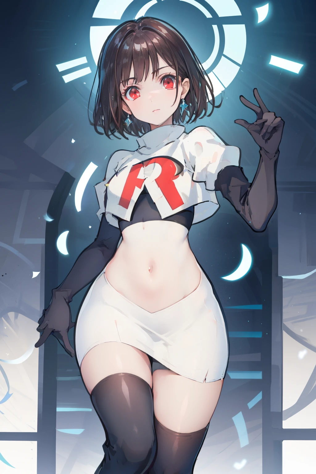 (extremely detailed CG), (best quality), perfect face, shiny skin, lustrous skin,wide hips,   1girl,solo ,    RaeTaylor,jewelry, red eyes, short hair, brown hair, looking at viewer,team rocket,team rocket uniform,white skirt,red letter R,crop top,black thigh-highs,black elbow gloves