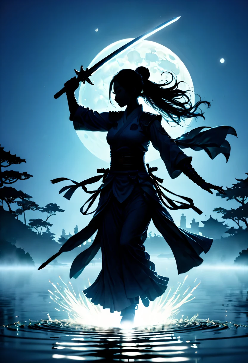 (Heroine dancing sword silhouette:1.5),Glowing sword,(Fighting posture,强That's it姿势:1.4),on the lake,high contrast, movie lighting, Enigmatic Atmosphere,,lotus flower,Lotus leaf,corrugation,water splash,a moon,That's it,swordsman,Kungfu