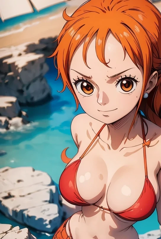 anime girl in red bikini posing in front of a body of water, us one piece, us from one piece, beautiful portrait of us, us, one piece, from one piece, garota anime sedutora, anime! 4k, anime! 4 mil, arte em alta qualidade, arte oficial, anime melhor garota, por Kentaro Miura
