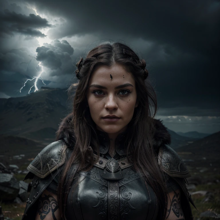 (best quality,4k,8k,highres,masterpiece:1.2),ultra-detailed,(realistic,photorealistic,photo-realistic:1.37),evil,viking girl,dark,beautiful detailed eyes,beautiful detailed lips,extremely detailed eyes and face,long eyelashes,exotic appearance,menacing gaze,tattoos covering the arms,girl wearing a fur cloak and a battle helmet,ornate armor with intricate engravings,holding a sword with runes,standing on a mountain peak with lightning striking in the background,dark stormy clouds,harsh winds whipping her hair around,aura of power and darkness,ominous atmosphere,ageless beauty,sinister aura,portraits,oil painting,high contrast,cool-toned color palette,moody lighting