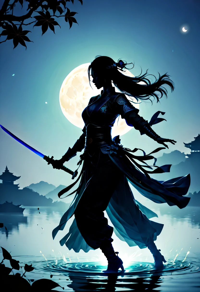 (Heroine dancing sword silhouette:1.5),Glowing sword,(Fighting posture,强That's it姿势:1.4),on the lake,high contrast, movie lighting, Enigmatic Atmosphere,,lotus flower,Lotus leaf,corrugation,water splash,a moon,That's it,swordsman,Kungfu