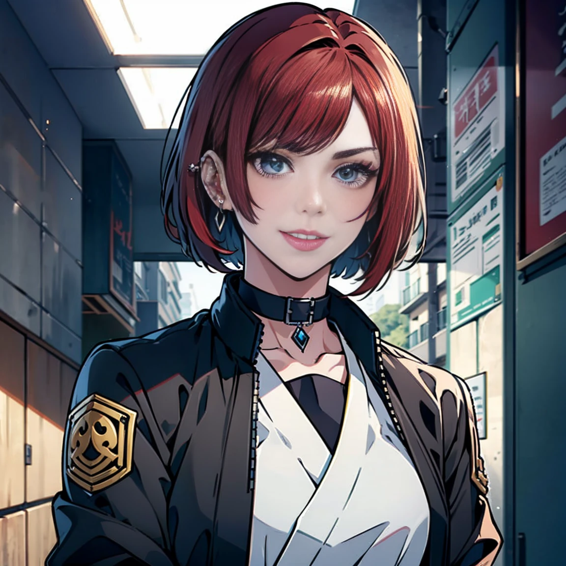 in the art style of persona5 and in the art style of street of rage 4, delinquent, (sukeban), mature_female, blush, mature, older woman, 25 years old, Sukeban teacher outfit, (1girl, solo female, solo, solo focus)++++, choker, sukeban teacher, sukeban fighter, long_sleeves, open jacket, blue jacket,( jean)+++, light skin tone female, (full body)+++++, jacket, biker jacket, tape, arm_support, gloves, red_gloves, bridal gauntlets, nail polish, boots, black_footwear, fighter outfit, (full body)+++++++, hourglass, mature face, cheeky smile, cheeky face, wrinkles, (red hair, short hair, bob cut, earrings, ear piercings), red eyeighting art, Martial arts, standing, fighting_stance, fight, fighting), extra colors, 2D, megapixel, perfectionism, accent lighting, full HD , (Masterpiece:1.2), (full-body-shot:1),(cowboy shot:1.2), (Highly detailed:1.2),(anime Detailed Face:1.2), Colorful, A detailed eye, (Detailed landscape:1.2), (natural lighting:1.2), ((sukeban school teacher)) by Vincent Di Fate: Aidyllery, Anamorphic Shot, rule of thirds, face by Artgerm and WLOP,