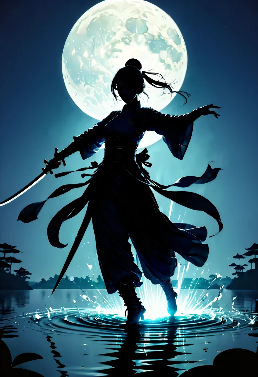 (Heroine dancing sword silhouette:1.5),Glowing sword,(Fighting posture，强That&#39;s it姿势:1.4),on  the lake，high contrast, movie lighting, Enigmatic Atmosphere,，lotus flower，Lotus leaf，corrugation，water splash，a moon，That&#39;s it，swordsman，Kungfu