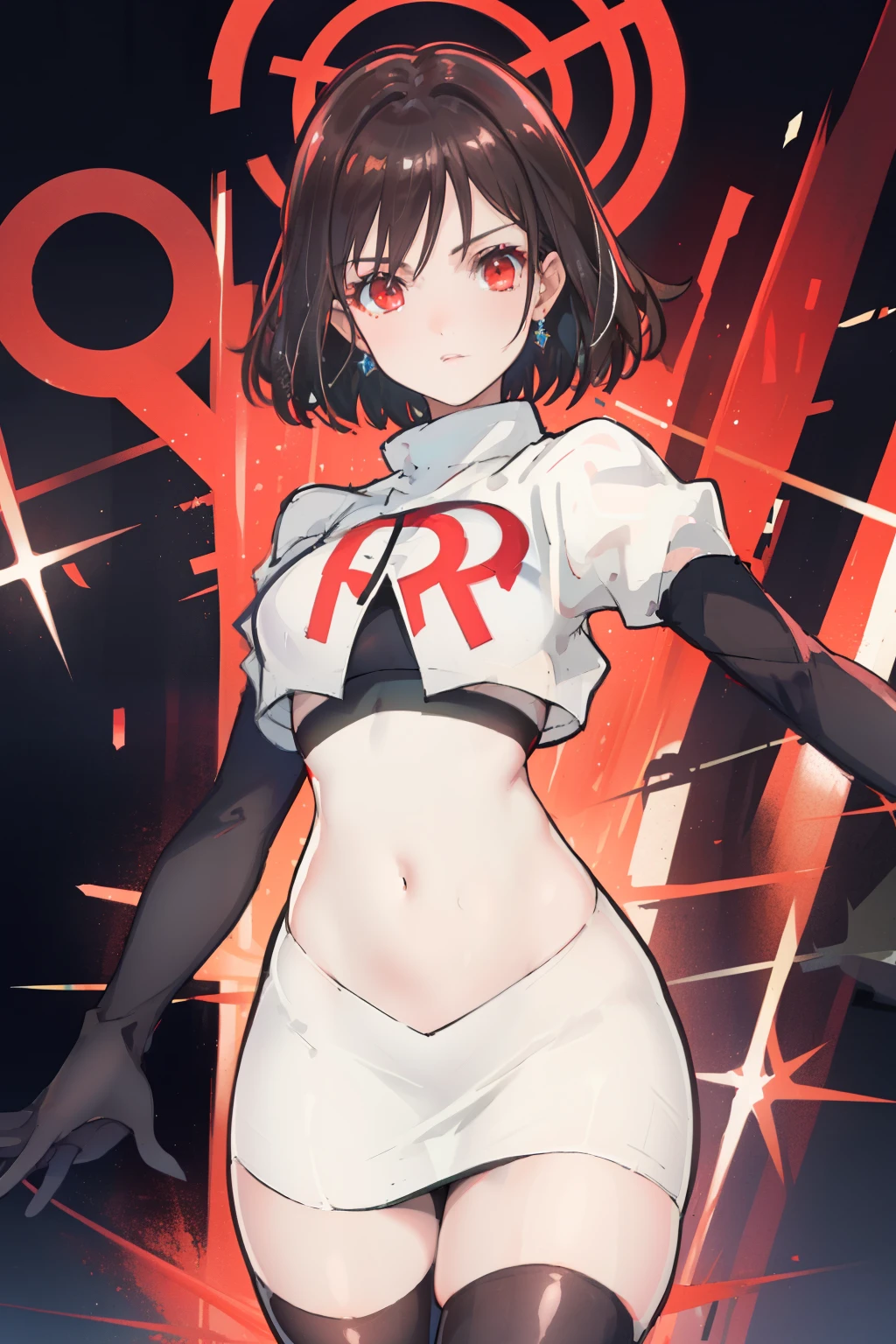 (extremely detailed CG), (best quality), perfect face, shiny skin, lustrous skin,wide hips,   1girl,solo ,    RaeTaylor,jewelry, red eyes, short hair, brown hair, looking at viewer,team rocket,team rocket uniform,white skirt,red letter R,crop top,black thigh-highs,black elbow gloves