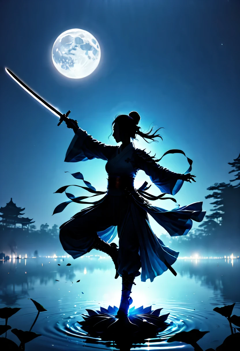 (Heroine dancing sword silhouette:1.5),Glowing sword,(Fighting posture,强That's it姿势:1.4),on the lake,high contrast, movie lighting, Enigmatic Atmosphere,,lotus flower,Lotus leaf,corrugation,water splash,a moon,That's it,swordsman,Kungfu