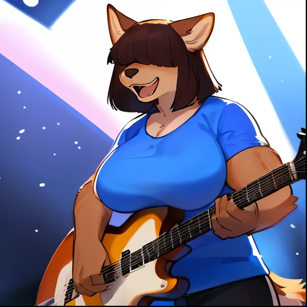 boy, squirrel, furry, bodyfur, tail, collar, bra, bottomless, gloves, boots, chibi, sparkling eyes, idol, hair bow, happy, full body, penis, testicles, play the guitar, singing