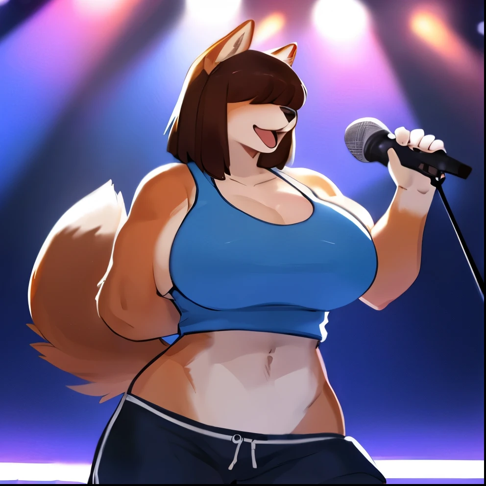 By bebebebebe, by lostgoose, by goonie-san, female, ((canine, snout, hair covering eyes, straight hair, medium hair, flat hair, ears, thin snout)), brown fur, big poofy tail, raised tail, dark maroon hair, ((muscular, big breasts)), solo, blue tee shirt, ((playing guitar on stage)), singing into a standing microphone, microphone stand, stage, smiling, happy, open mouth, gym shorts