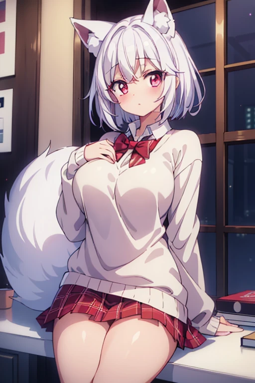 (masterpiece), best quality, my foxy girlfriend - fuku, medium breasts, white fox ears, one white fox tail, round face, white hair, white skin, cute girl, innocent , medium size, teenager, light pink sweater, white thighs high,red tie hidden by sweater, red pink eyes, short back hair, 2 long strands falling on breasts, very short red plaid skirt under the sweater, thick thigh, black japanese school shoes