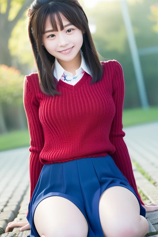 a closeup, ​masterpiece, top-quality, FULL ANATOMY、Raw foto, Photorealsitic、(Cute little face:1.8)、(Very cute smile:1.7)、(with round face:1.9)、(She looks like an idol and is cute:1.7), A dark-haired、(cute school uniform:1.7), depth of fields, hight resolution, ultra-detailliert, finely detail, ighly detailed, extremely detailed eye and face, Realistic pupils, foco nítido, Cinematic lighting、18-year-old woman、(One lady、独奏:1.7)、 (poneyTail、curlyhair)、Very detailed 8k wallpaper、Show me your whole body、Looking at the camera、(Too short plaid pleated skirt、I can see my panties、Plump panties、Lift the hem of the skirt with both hands、Showing her panties to the camera:1.7）、(Pink Fishnet Stockings)、(Brown Long Boots:1.4)、is standing、Angle from below、(Thigh close-up:1.6)、(Nice figure、big breasts thin waist)、(Clothes with emphasized chest bulge、Colossal tits:1.5)、depth of fields、Bokeh in the background
