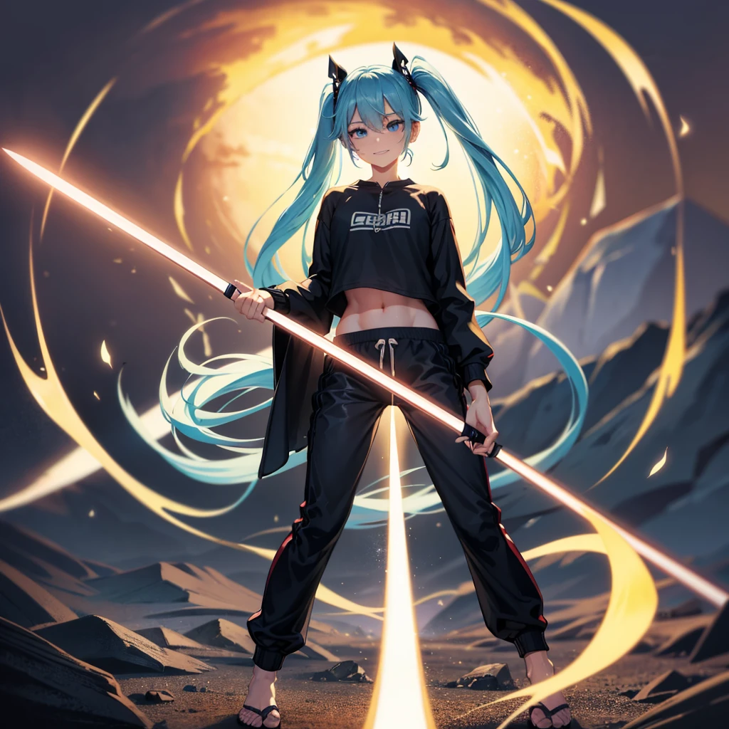 (absurderes、hight resolution、ultra-detailliert)、​masterpiece、top-quality、Girl with a scythe、独奏、miku hatsune、Twin-tailed、blue eyess、ear piercinginely eye and detailed face、((Joggers、sweat pant、sandal))、Sickle design、Complex scythe、Fantasy scythe、evil smile、Dramatic skies、Isolated land、looking-down、spark of light、whirlpool、Um ser celestial、Full of elements,