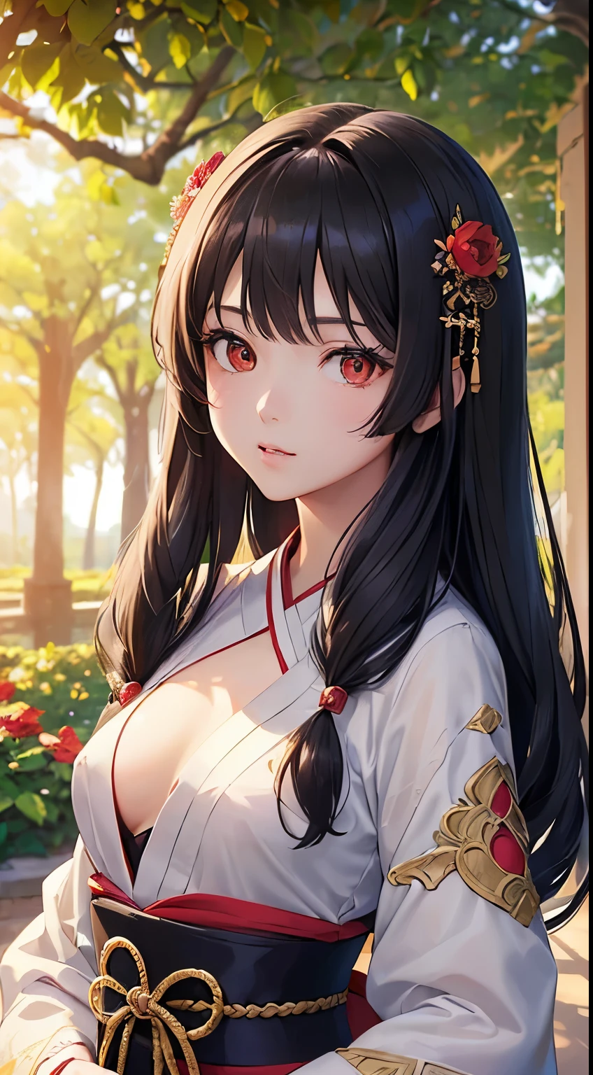 1 girl, A high resolution, (Anime style:1.1), ((masterpiece:1.5)), ((Best quality:1.3)), (very ultra-detailed:1.3), (Beautiful:1.3), 独奏, Beautiful face, , radiant skin, at the garden, historical dramatic scene, wearing gorgeous kimono, black hair, (black long hair:1.3), (red eyes:1.3), view the viewer, Lens flare, Dramatic, (small breast:1.3).