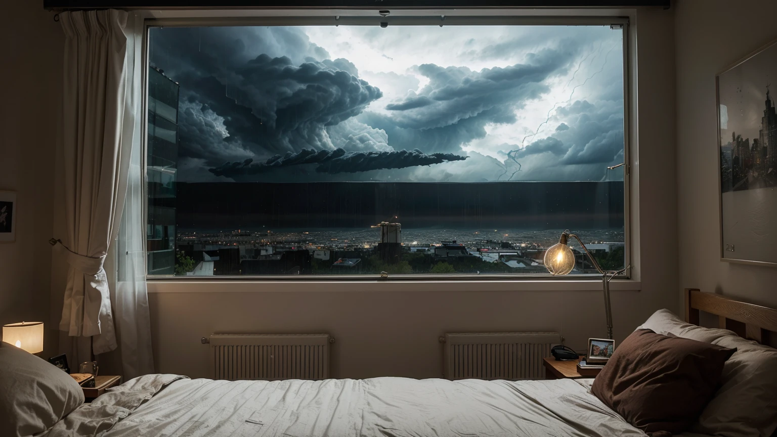 a badroom, beautiful bedroom, window, rain outside, lamp, night time, rainy and stormy weather