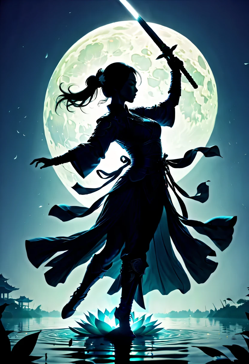 (Heroine dancing sword silhouette:1.5),Glowing sword,(Fighting posture，强That&#39;s it姿势:1.4),on  the lake，high contrast, movie lighting, Enigmatic Atmosphere,，lotus flower，Lotus leaf，corrugation，water splash，a moon，That&#39;s it，swordsman，Kungfu