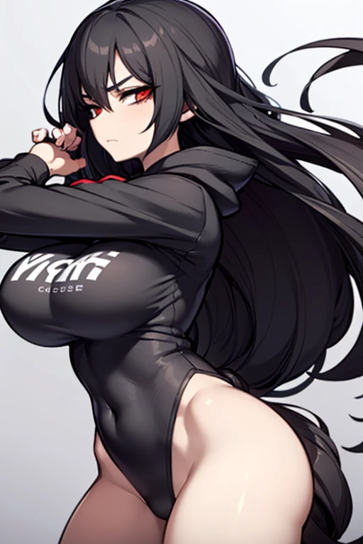 Close-up, pretty black-haired slender girl with red eyes, beautiful tits, emphasis on hips, athletic uniform, curvy tits, in a sporty white hoodie, no panties, bare hips, skinny slender belly, long hair, beautiful, stretching, athletic, busty, white background,