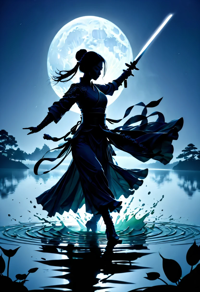 (Heroine dancing sword silhouette:1.5),Glowing sword,(Fighting posture,强That's it姿势:1.4),on the lake,high contrast, movie lighting, Enigmatic Atmosphere,,lotus flower,Lotus leaf,corrugation,water splash,a moon,That's it,swordsman,Kungfu