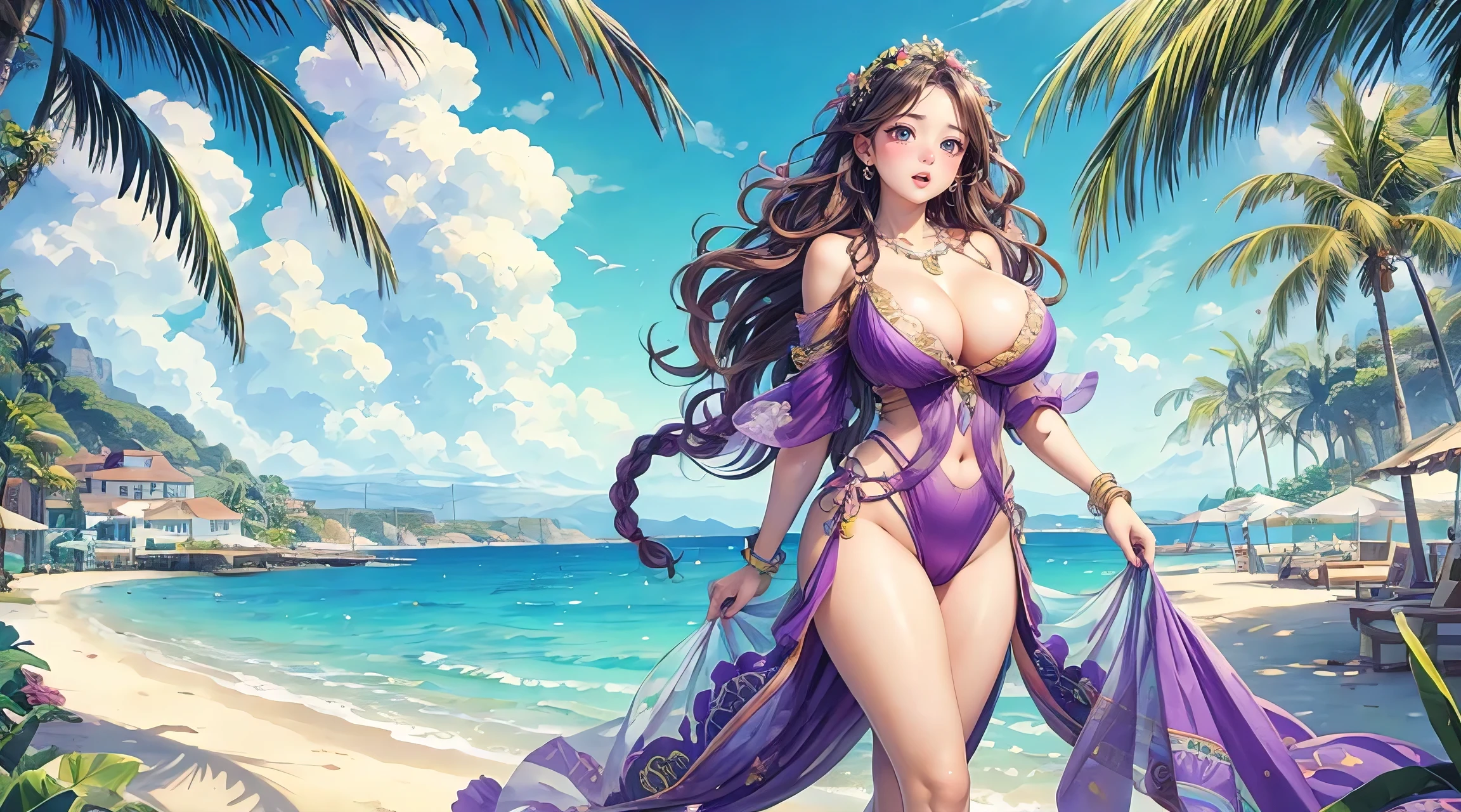 masterpiece, best quality, photorealistic, solo, perfect slim fit body, thick thighs, huge breasts, braided wavy hair, hair ornaments, necklace, bracelets, artistic, seaside, tropical themed scenery, green, purple, yellow, elaborate details, walking pose, vibrant, contrast, sky, clouds, sea, coast