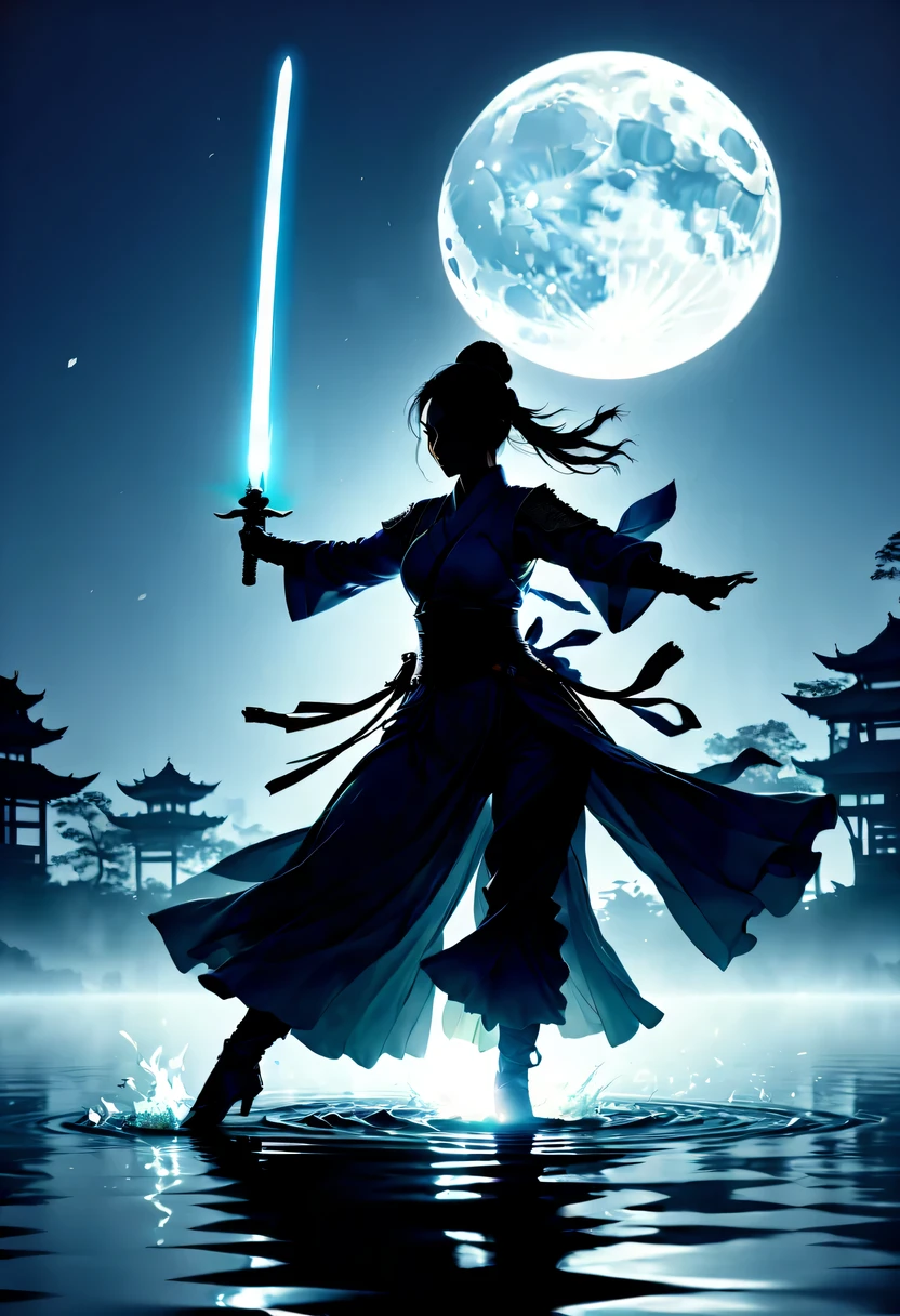 (Heroine dancing sword silhouette:1.5),Glowing sword,(Fighting posture,强That's it姿势:1.4),on the lake,high contrast, movie lighting, Enigmatic Atmosphere,,lotus flower,Lotus leaf,corrugation,water splash,a moon,That's it,swordsman,Kungfu