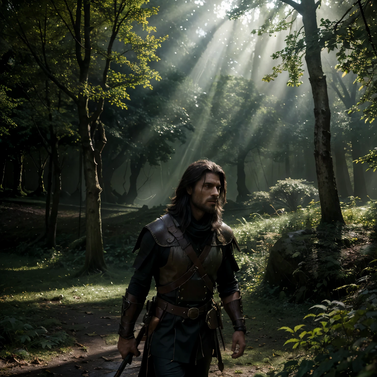 (best quality,4k,8k,highres,masterpiece:1.2),ultra-detailed,realistic,photorealistic:1.37,dark forest,man warrior,armor,enchanted sword,menacing expression,dappled sunlight,ominous atmosphere,mysterious fog,dense foliage,ancient trees,silhouettes of creatures lurking,fallen leaves,swift movements,stealthy figure,distant howls,vibrant greens,epic battle,heroic pose,autumn colors,dynamic composition,tense energy,foreboding shadows,ethereal light rays,fearless gaze,tree roots winding,adventurous spirit,vivid colors,imposing presence,extraordinary strength,ominous silence,majestic moss-covered rocks,mystical creature,leaves rustling,thick mist,warrior's determination,dangerous adversaries,ominous clouds,ancient ruins,cracks of sunlight,creeping vines,ferocious expression,hidden treasures