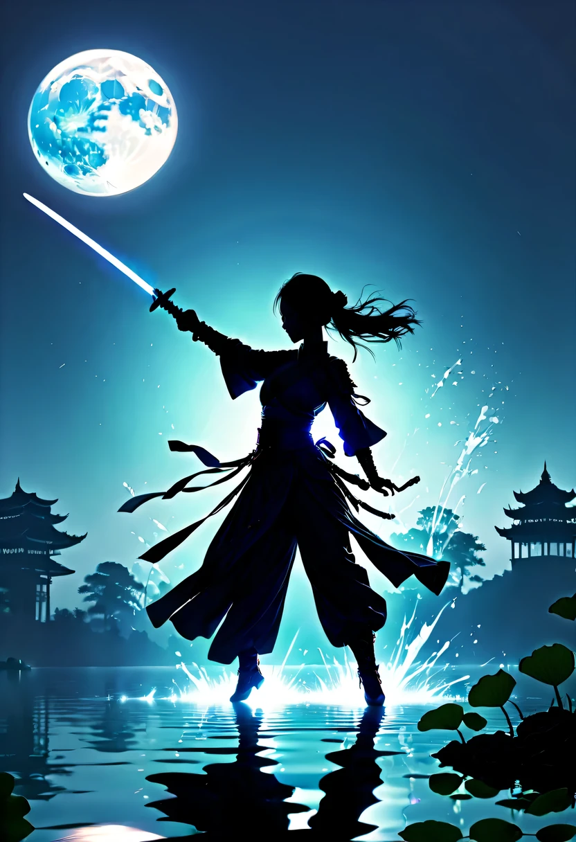 (Heroine dancing sword silhouette:1.5),Glowing sword,(Fighting posture,强That's it姿势:1.4),on the lake,high contrast, movie lighting, Enigmatic Atmosphere,,lotus flower,Lotus leaf,corrugation,water splash,a moon,That's it,swordsman,Kungfu