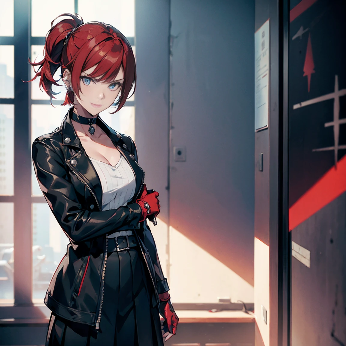 in the art style of persona5 and in the art style of street of rage 4, delinquent, (sukeban), mature_female, blush, mature, older woman, 25 years old, Sukeban teacher outfit, (1girl, solo female, solo, solo focus)++++, choker, sukeban teacher, sukeban fighter, long_sleeves, open jacket, blue jacket,( jean)+++, light skin tone female, (full body)+++++, jacket, biker jacket, tape, arm_support, gloves, red_gloves, bridal gauntlets, nail polish, boots, black_footwear, fighter outfit, (full body)+++++++, hourglass, mature face, cheeky smile, cheeky face, wrinkles, (red hair, short hair, bob cut, earrings, ear piercings), red eyeighting art, Martial arts, standing, fighting_stance, fight, fighting), extra colors, 2D, megapixel, perfectionism, accent lighting, full HD , (Masterpiece:1.2), (full-body-shot:1),(cowboy shot:1.2), (Highly detailed:1.2),(anime Detailed Face:1.2), Colorful, A detailed eye, (Detailed landscape:1.2), (natural lighting:1.2), ((sukeban school teacher)) by Vincent Di Fate: Aidyllery, Anamorphic Shot, rule of thirds, face by Artgerm and WLOP,