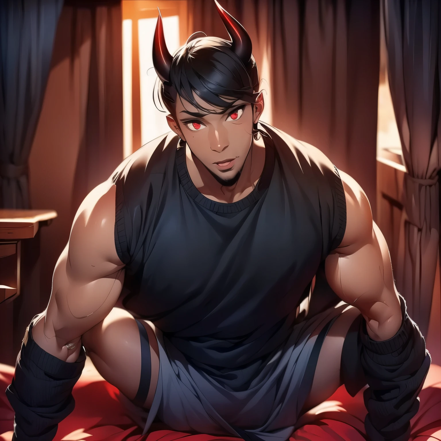 A tall black man with red eyes, and black horns ontop of his head.