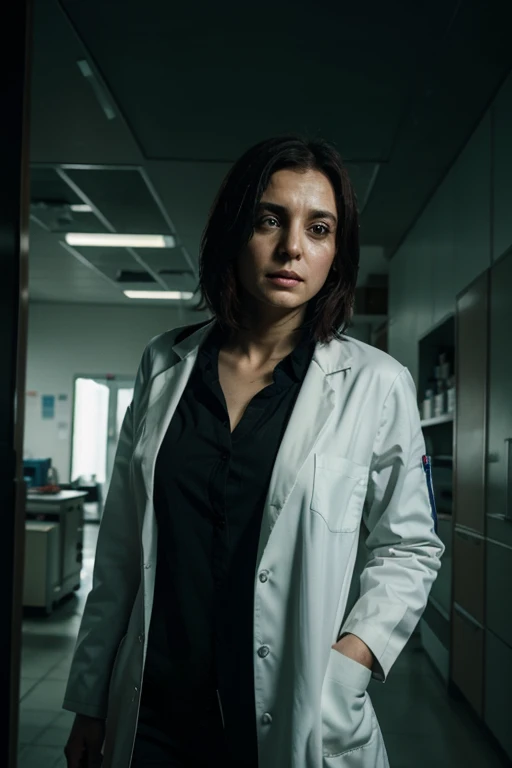 manage a pharmacist in a lab coat looking for a cure in the chaos, apocalipse zombie foque no rosto, imagem realista