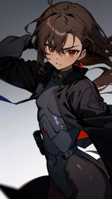 Masterpiece: 3.4, high resolution, highres, 8k, best quality, child, 1 male, shota, cute, innocent, dark skin, otokonoko, red eye's, dark brown hair long hair in a side-swept style smooth, wearing an a black bodysuit, black  witchblade gaunlets, black coat, cute artstyle 