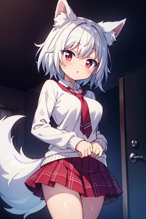 (masterpiece), best quality, my foxy girlfriend - fuku, medium breasts, white fox ears, one white fox tail, round face, white hair, white skin, cute girl, innocent , medium size, teenager, light pink sweater, white thighs high,red tie hidden by sweater, red pink eyes, short back hair, 2 long strands falling on breasts, very short red plaid skirt under the sweater, thick thigh, black japanese school shoes