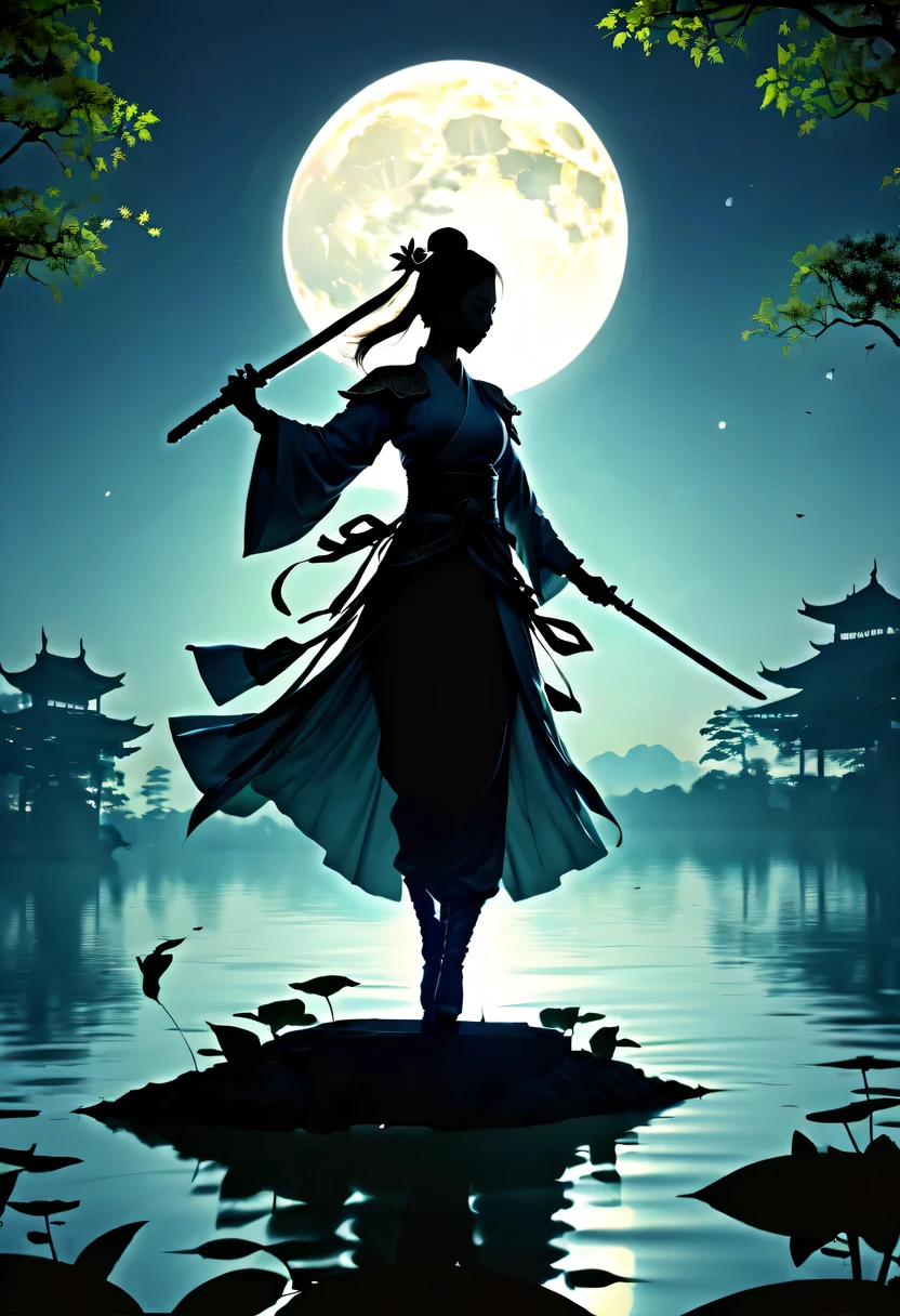 (Heroine dancing sword silhouette:1.5),Glowing sword,(强That's it姿势:1.4),on the lake,high contrast, movie lighting, Enigmatic Atmosphere,,lotus flower,Lotus leaf,a moon,That's it,swordsman,Kungfu