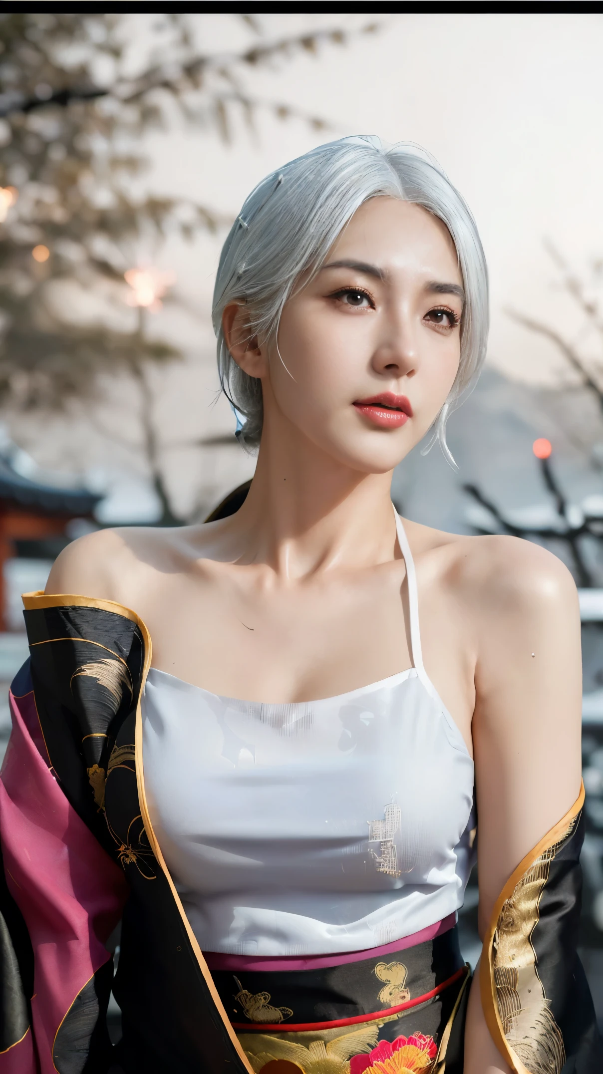 (best quality, masterpiece, perfect face, detailed simmetric eyes), (white hair :1.3), 20 year old European girl, flirting smile with POV, in traditional Japanese gold&black kimono, (sexy pose:1.2) ultra detailed kimono textures , high contrast, (natural Skin Texture, hyperrealism, Soft Light, sharp), snow moutain, Kyoto, (fireworks fade:1.3), Dark outdoor theme, calming tones, muted colors, high contrast, (natural Texture skin, hyperrealism, soft light, sharp), hdr, dramatic lights, (sexy:1.2), (charming:1.2), (random pose:1.2) high contrast, photorealistic digital art trending on Artstation 8k HD high definition detailed realistic , detailed, Skin Texture, hyperdetailed, realistic Skin Texture, armor, best quality, ultra high resolution, (large breasts: 1.4)