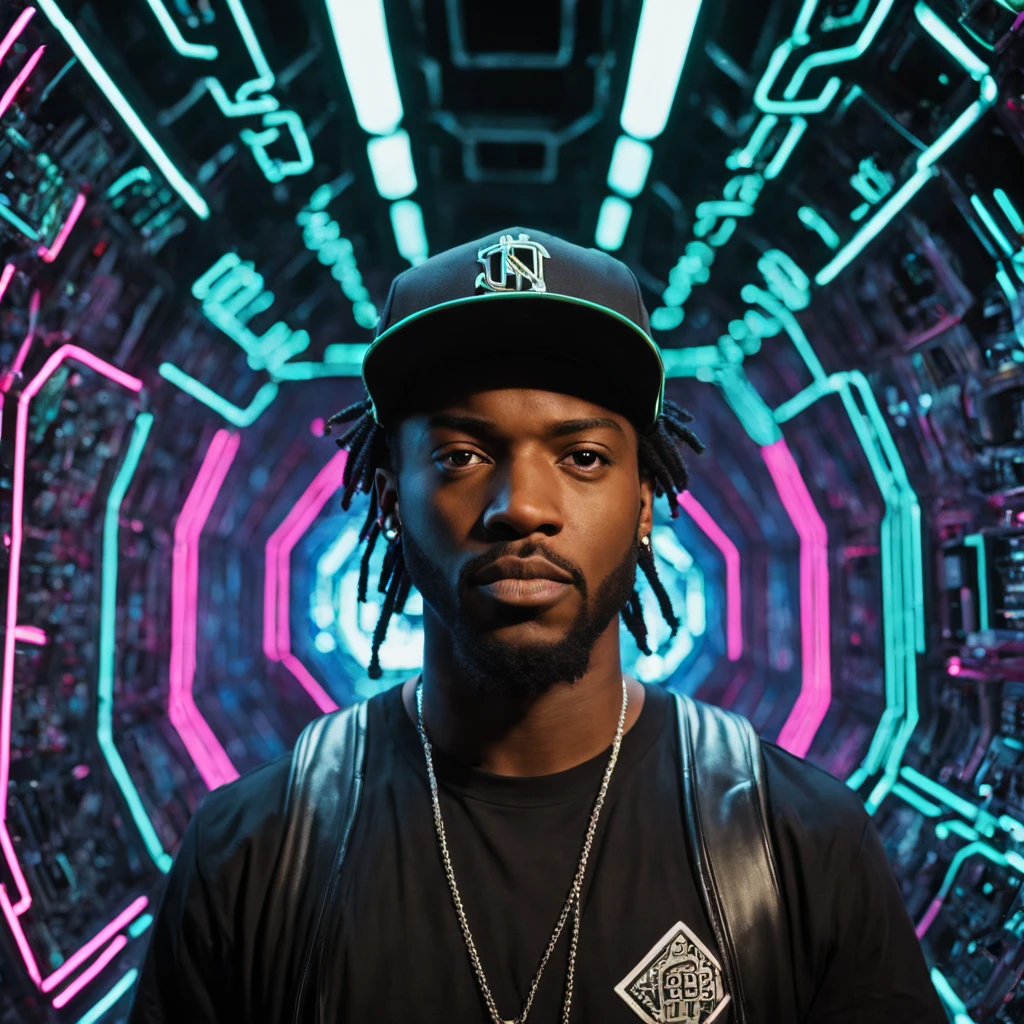 ((half body)) portrait photo of an afro american 30 y.o. trip-hop rap singer male ((rapping in a microphone)) in front of a (((futuristic circuit board tunnel, neon signs, neon lights))), long black rasta hair, mustache and round beard, wearing t-shirt and baseball cap, ((on the baseball cap a logo in text: S.D.)) and ((on t-shirt with the words: AUTOMATIC 1111)) ,real human hands,realistic perfect hands and fingers, Award - winning photograph, Masterpiece, 8k, ultra high res, hyper detailed, perfect face, rule of thirds, Perfect eyes, Perfect iris, perfect pupils, (perfectly round iris:1.perfect lips, Perfect teeth, perfect nose, highly detailed hair, ((detailed face)), ((detailed facial features, detailed skin), realistic skin texture, extreme skin details, (pores:0.1),(sweaty:0.8), insane details, intricate details, amazing fine detail, photorealistic, photograph, photorealism, rich colors, lifelike texture, neutral colors, Soft front light,cinematic lighting, dramatic lighting,dappled light on face, backlight on hair, sharp focus, wide angle, film grain, dslr, raw photo, photographed on Nikon