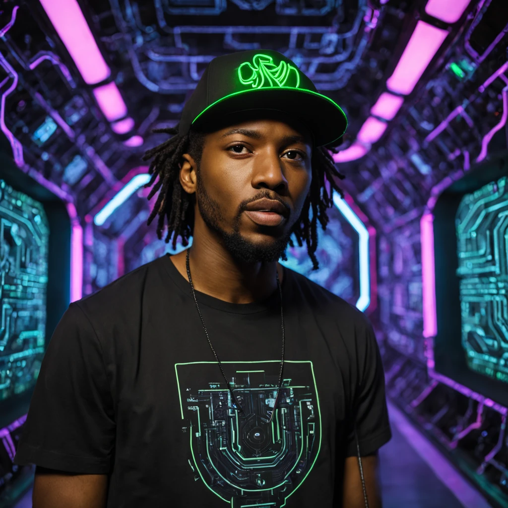 ((half body)) portrait photo of an afro american 30 y.o. trip-hop rap singer male ((rapping in a microphone)) in front of a (((futuristic circuit board tunnel, neon signs, neon lights))), long black rasta hair, mustache and round beard, wearing t-shirt and baseball cap, ((on the baseball cap a logo in text: S.D.)) and ((on t-shirt with the words: AUTOMATIC 1111)) ,real human hands,realistic perfect hands and fingers, Award - winning photograph, Masterpiece, 8k, ultra high res, hyper detailed, perfect face, rule of thirds, Perfect eyes, Perfect iris, perfect pupils, (perfectly round iris:1.perfect lips, Perfect teeth, perfect nose, highly detailed hair, ((detailed face)), ((detailed facial features, detailed skin), realistic skin texture, extreme skin details, (pores:0.1),(sweaty:0.8), insane details, intricate details, amazing fine detail, photorealistic, photograph, photorealism, rich colors, lifelike texture, neutral colors, Soft front light,cinematic lighting, dramatic lighting,dappled light on face, backlight on hair, sharp focus, wide angle, film grain, dslr, raw photo, photographed on Nikon