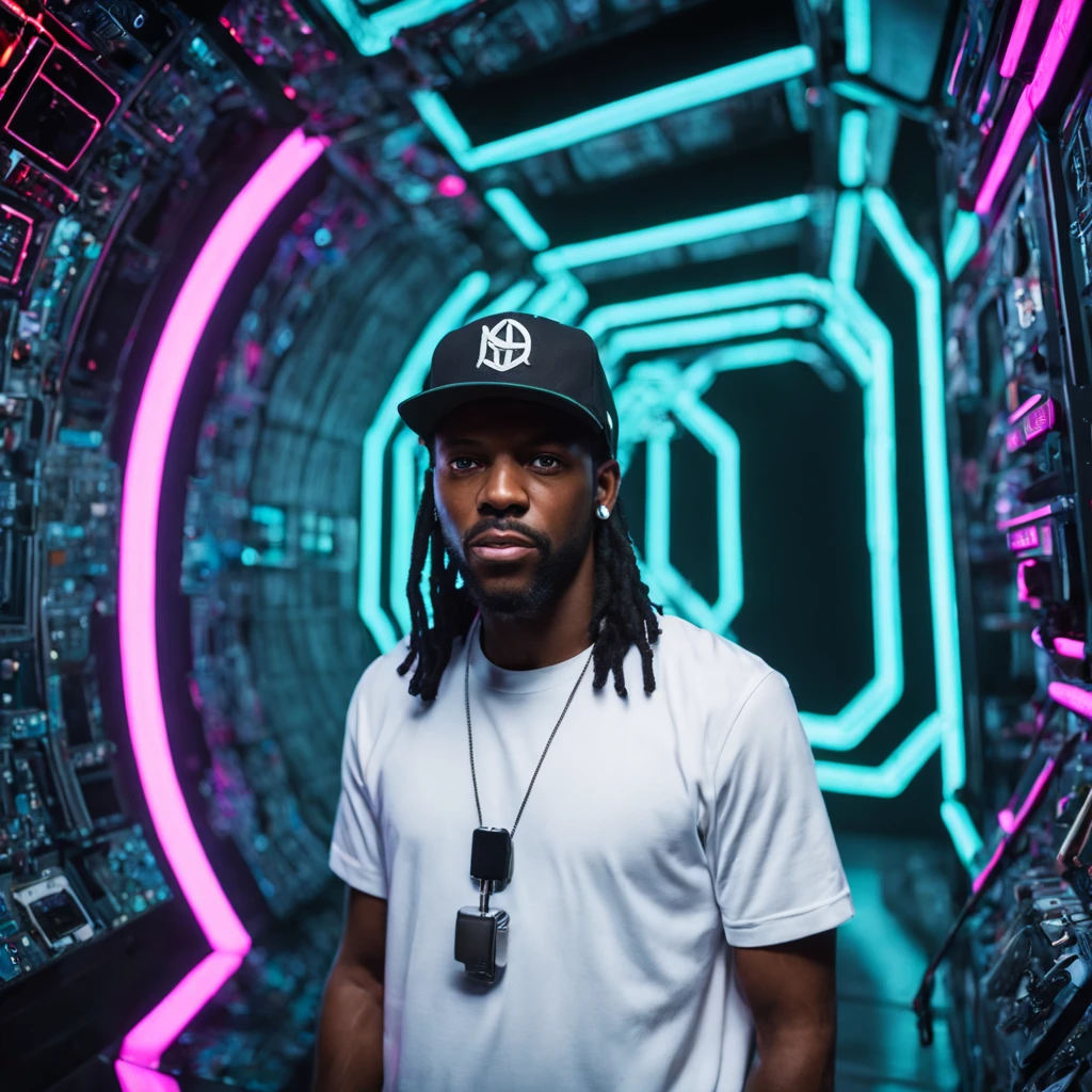 ((half body)) portrait photo of an afro american 30 y.o. trip-hop rap singer male ((rapping in a microphone)) in front of a (((futuristic circuit board tunnel, neon signs, neon lights))), long black rasta hair, mustache and round beard, wearing t-shirt and baseball cap, ((on the baseball cap a logo in text: S.D.)) and ((on t-shirt with the words: AUTOMATIC 1111)) ,real human hands,realistic perfect hands and fingers, Award - winning photograph, Masterpiece, 8k, ultra high res, hyper detailed, perfect face, rule of thirds, Perfect eyes, Perfect iris, perfect pupils, (perfectly round iris:1.perfect lips, Perfect teeth, perfect nose, highly detailed hair, ((detailed face)), ((detailed facial features, detailed skin), realistic skin texture, extreme skin details, (pores:0.1),(sweaty:0.8), insane details, intricate details, amazing fine detail, photorealistic, photograph, photorealism, rich colors, lifelike texture, neutral colors, Soft front light,cinematic lighting, dramatic lighting,dappled light on face, backlight on hair, sharp focus, wide angle, film grain, dslr, raw photo, photographed on Nikon