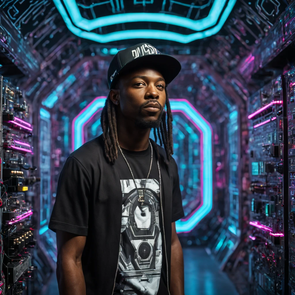 ((half body)) portrait photo of an afro american 30 y.o. trip-hop rap singer male ((rapping in a microphone)) in front of a (((futuristic circuit board tunnel, neon signs, neon lights))), long black rasta hair, mustache and round beard, wearing t-shirt and baseball cap, ((on the baseball cap a logo in text: S.D.)) and ((on t-shirt with the words: AUTOMATIC 1111)) ,real human hands,realistic perfect hands and fingers, Award - winning photograph, Masterpiece, 8k, ultra high res, hyper detailed, perfect face, rule of thirds, Perfect eyes, Perfect iris, perfect pupils, (perfectly round iris:1.perfect lips, Perfect teeth, perfect nose, highly detailed hair, ((detailed face)), ((detailed facial features, detailed skin), realistic skin texture, extreme skin details, (pores:0.1),(sweaty:0.8), insane details, intricate details, amazing fine detail, photorealistic, photograph, photorealism, rich colors, lifelike texture, neutral colors, Soft front light,cinematic lighting, dramatic lighting,dappled light on face, backlight on hair, sharp focus, wide angle, film grain, dslr, raw photo, photographed on Nikon