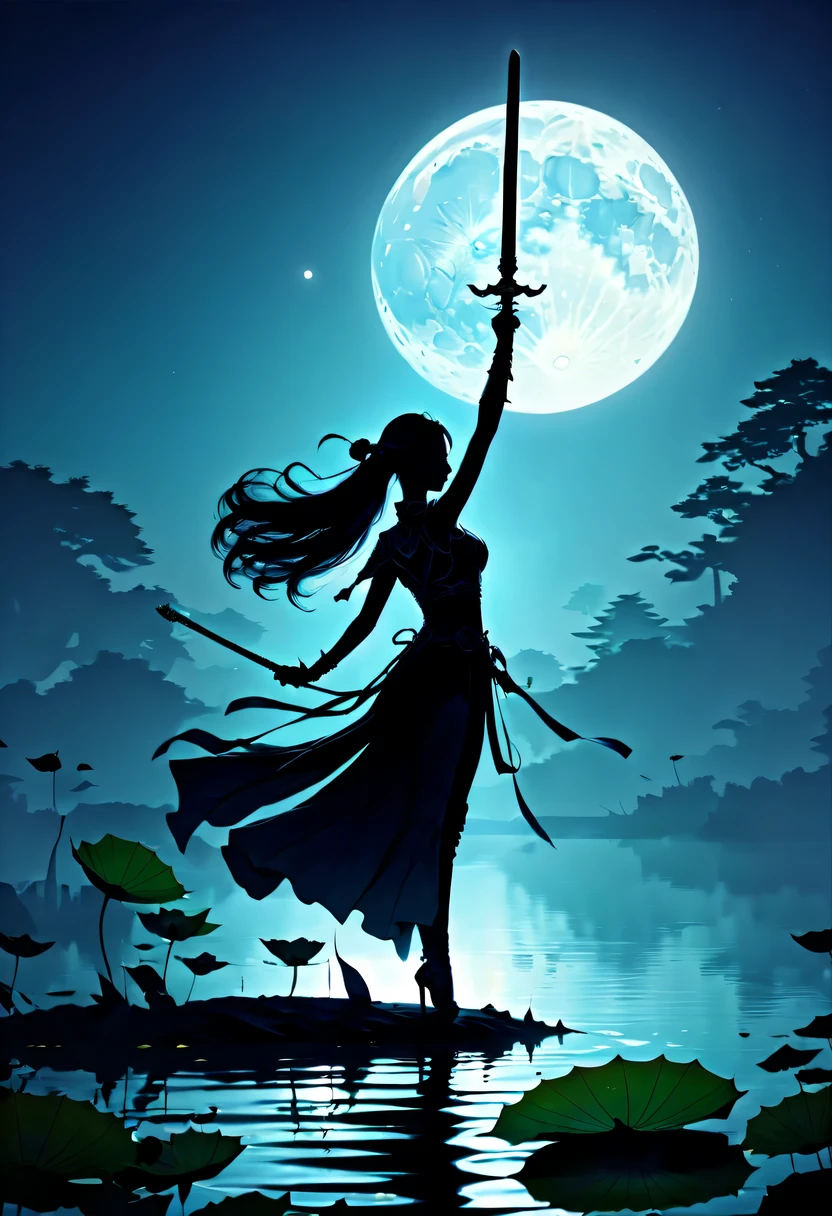 (Heroine dancing sword silhouette:1.5),Glowing sword,(Strong dynamic stance:1.4),on the lake,high contrast, movie lighting, Enigmatic Atmosphere,,lotus flower,Lotus leaf,a moon