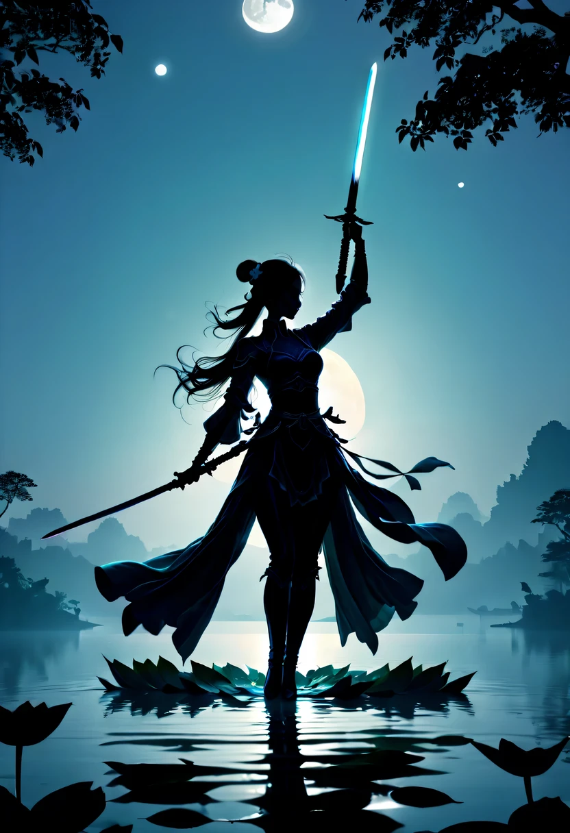 (Heroine dancing sword silhouette:1.5),Glowing sword,(Strong dynamic stance:1.4),on  the lake，high contrast, movie lighting, Enigmatic Atmosphere,，lotus flower，Lotus leaf，a moon