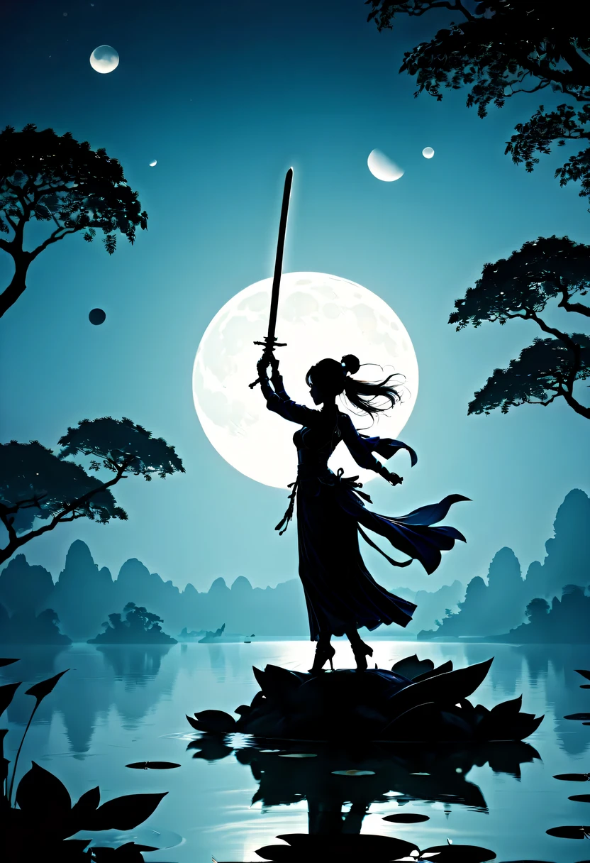 (Heroine dancing sword silhouette:1.5),Glowing sword,(Strong dynamic stance:1.4),on the lake,high contrast, movie lighting, Enigmatic Atmosphere,,lotus flower,Lotus leaf,a moon