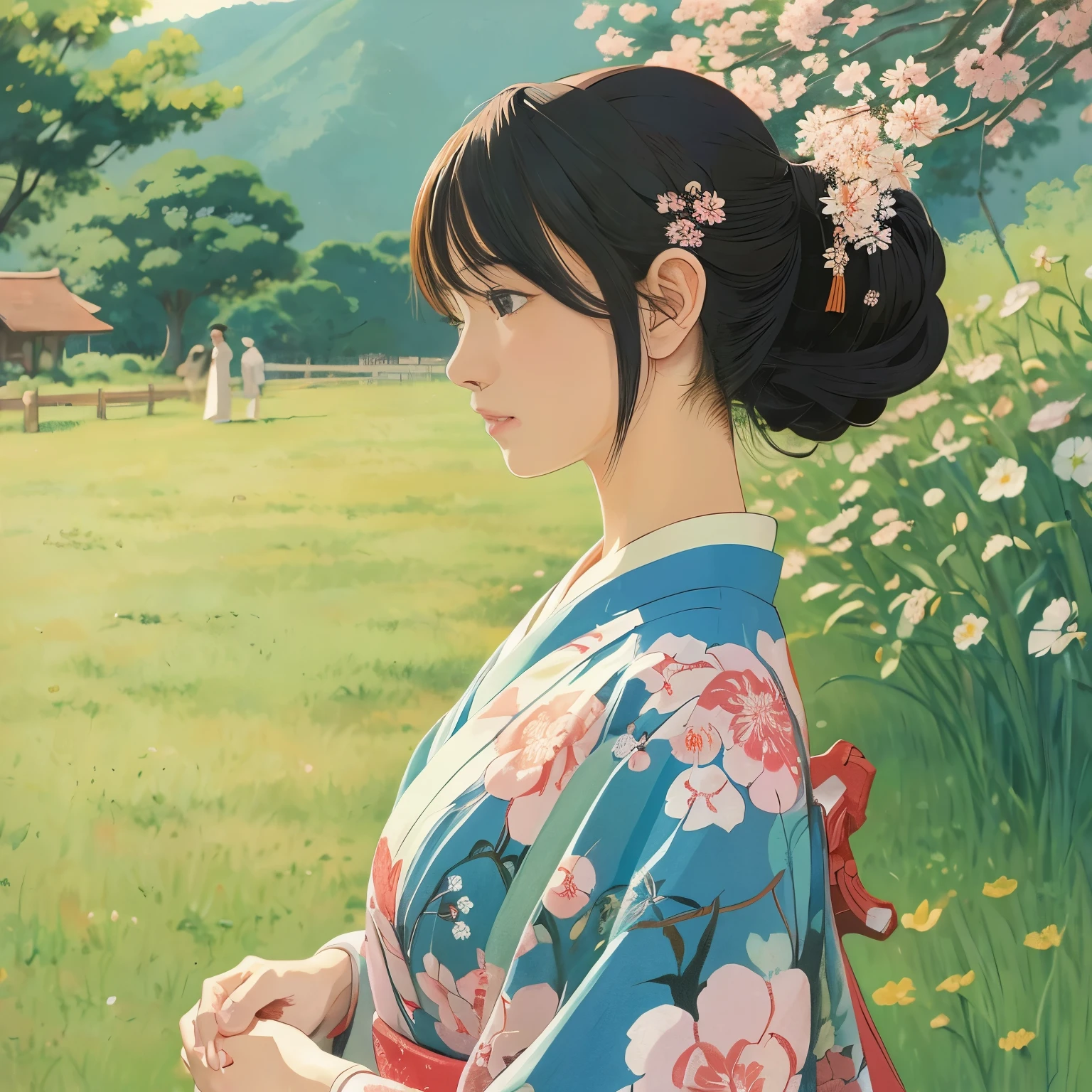 Illustration style、Showa Anime、woman、ukiyoe painting 、country scenery、Woman at the center、Delicate touch、finely、The wind is blowing、kimono、Japanese、Shinkai Makoto style