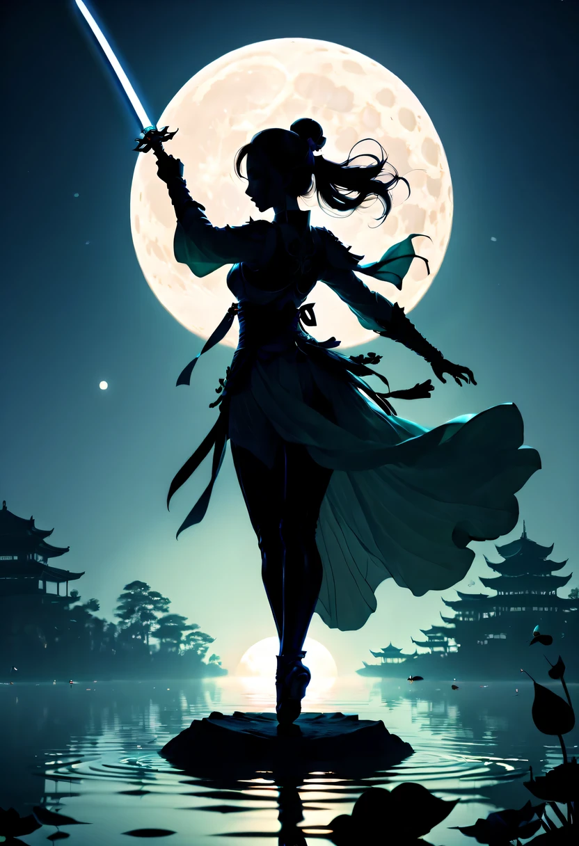 (Heroine dancing sword silhouette:1.5),Glowing sword,(Strong dynamic stance:1.4),on  the lake，high contrast, movie lighting, Enigmatic Atmosphere,，lotus flower，Lotus leaf，a moon