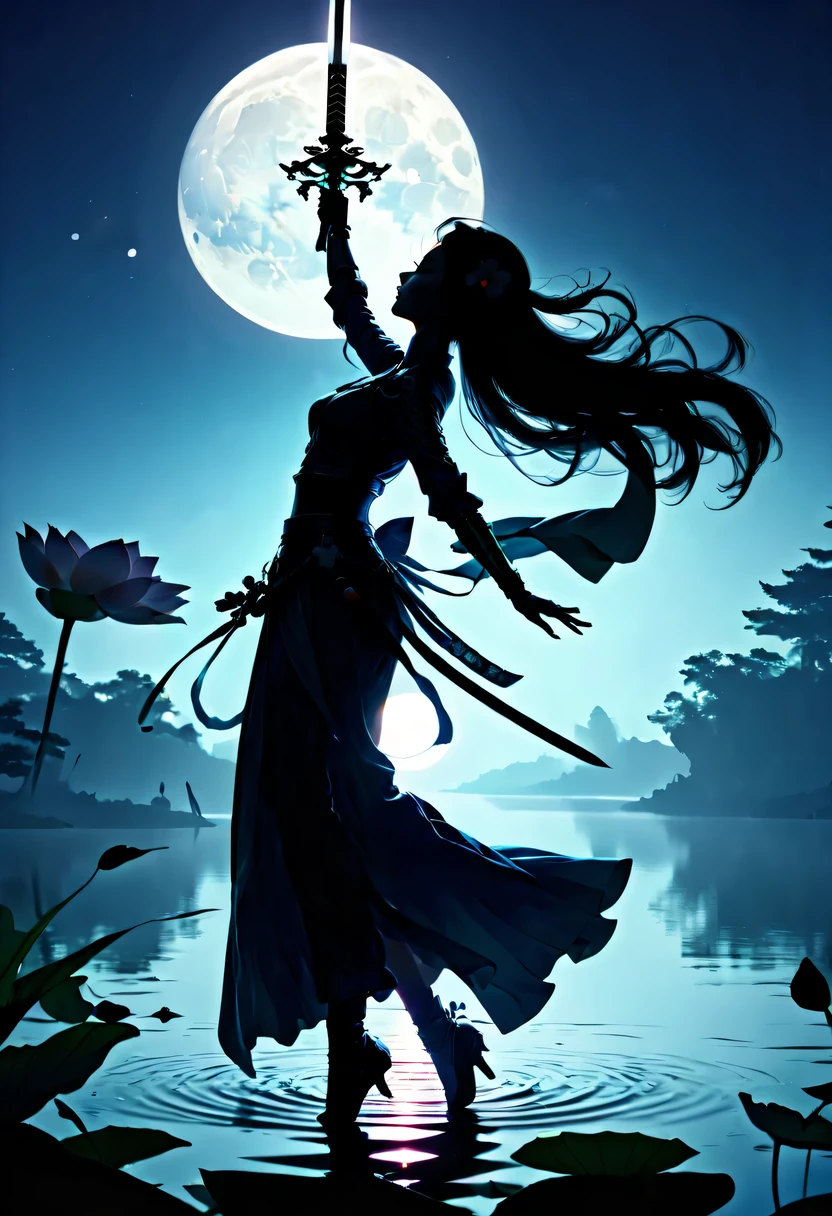 (Heroine dancing sword silhouette:1.5),Glowing sword,(Strong dynamic stance:1.4),on the lake,high contrast, movie lighting, Enigmatic Atmosphere,,lotus flower,Lotus leaf,a moon