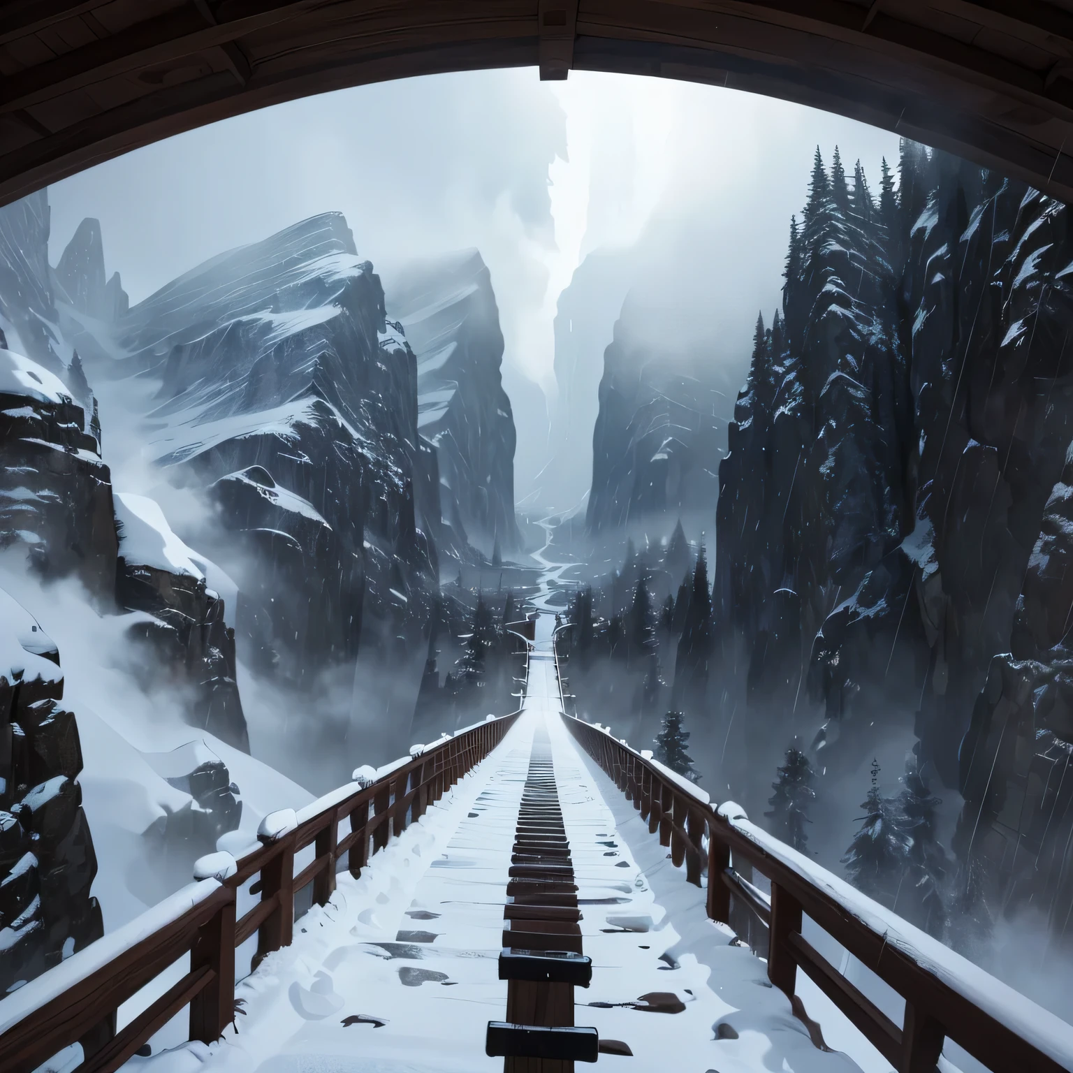 I&#39;I падаю с моста в пропасть, first-person view, blizzard, mountains, зловещаI атмосфера