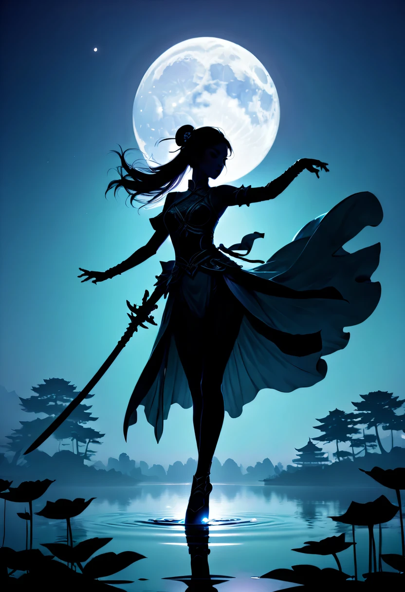 (Heroine dancing sword silhouette:1.5),Glowing sword,(Strong dynamic stance:1.4),on  the lake，high contrast, movie lighting, Enigmatic Atmosphere,，lotus flower，Lotus leaf，a moon