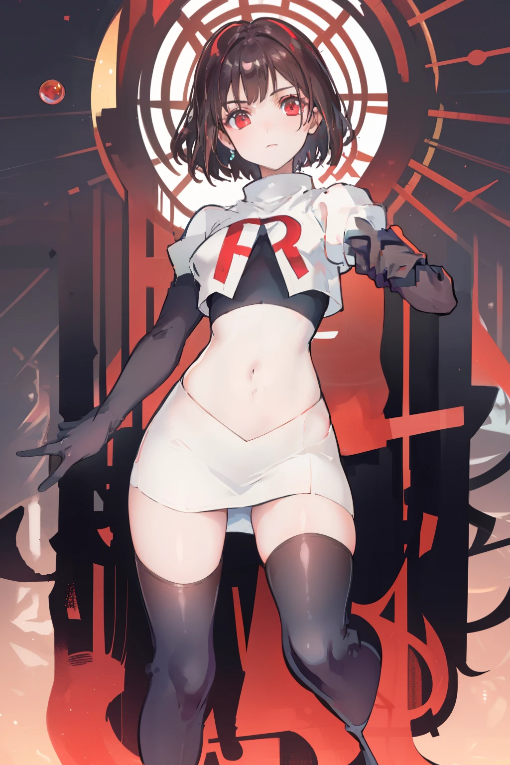 (extremely detailed CG), (best quality), perfect face, shiny skin, lustrous skin,wide hips,   1girl,solo ,    RaeTaylor,jewelry, red eyes, short hair, brown hair, looking at viewer,team rocket,team rocket uniform,white skirt,red letter R,crop top,black thigh-highs,black elbow gloves